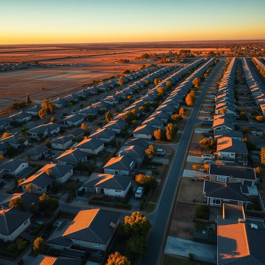 Aerial view of a Perth suburban neighbourhood showing rows of single-storey houses with vacant land interspersed at golden hour.