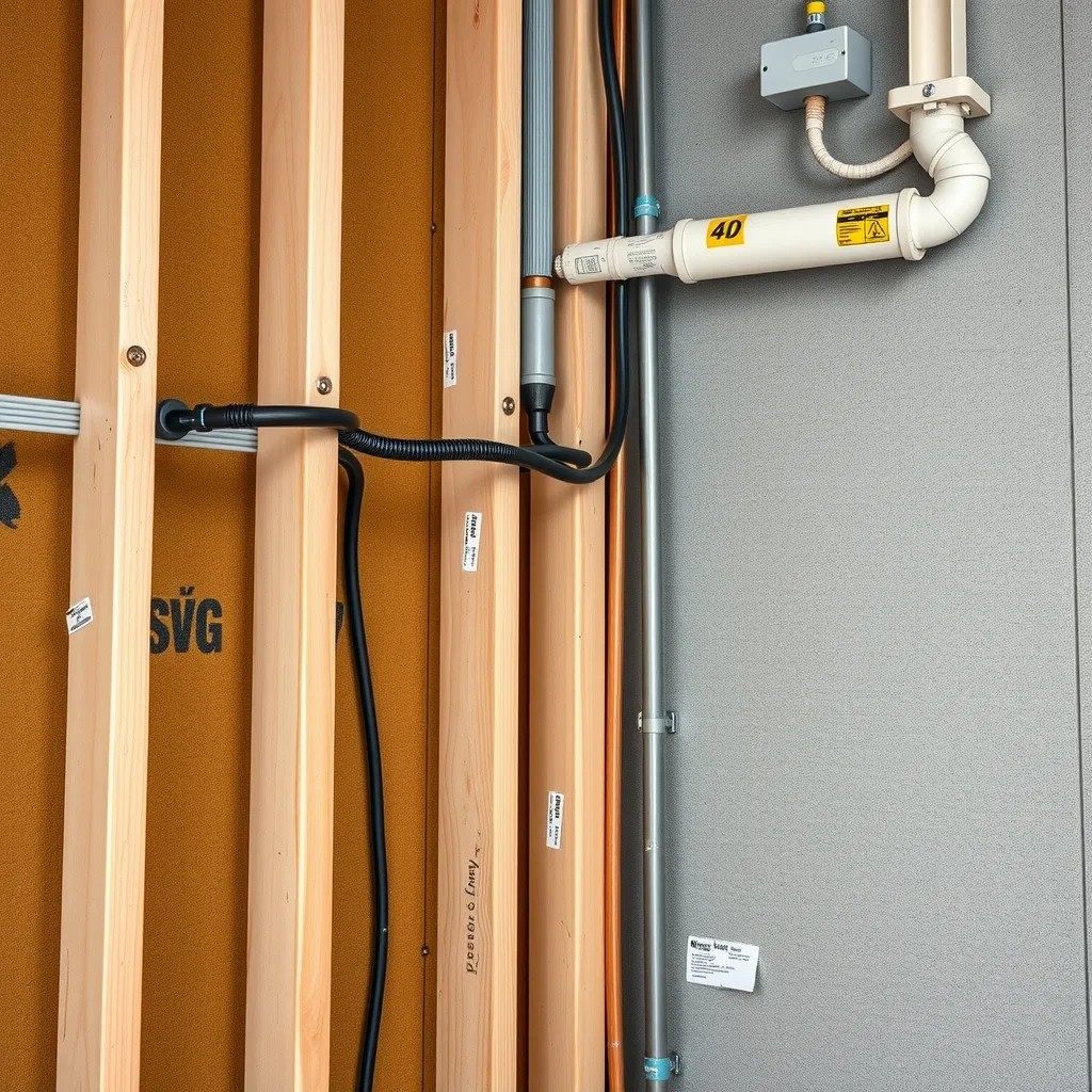 Unlined steel stud wall showing conduit, data cable and copper pipe before plasterboard goes on