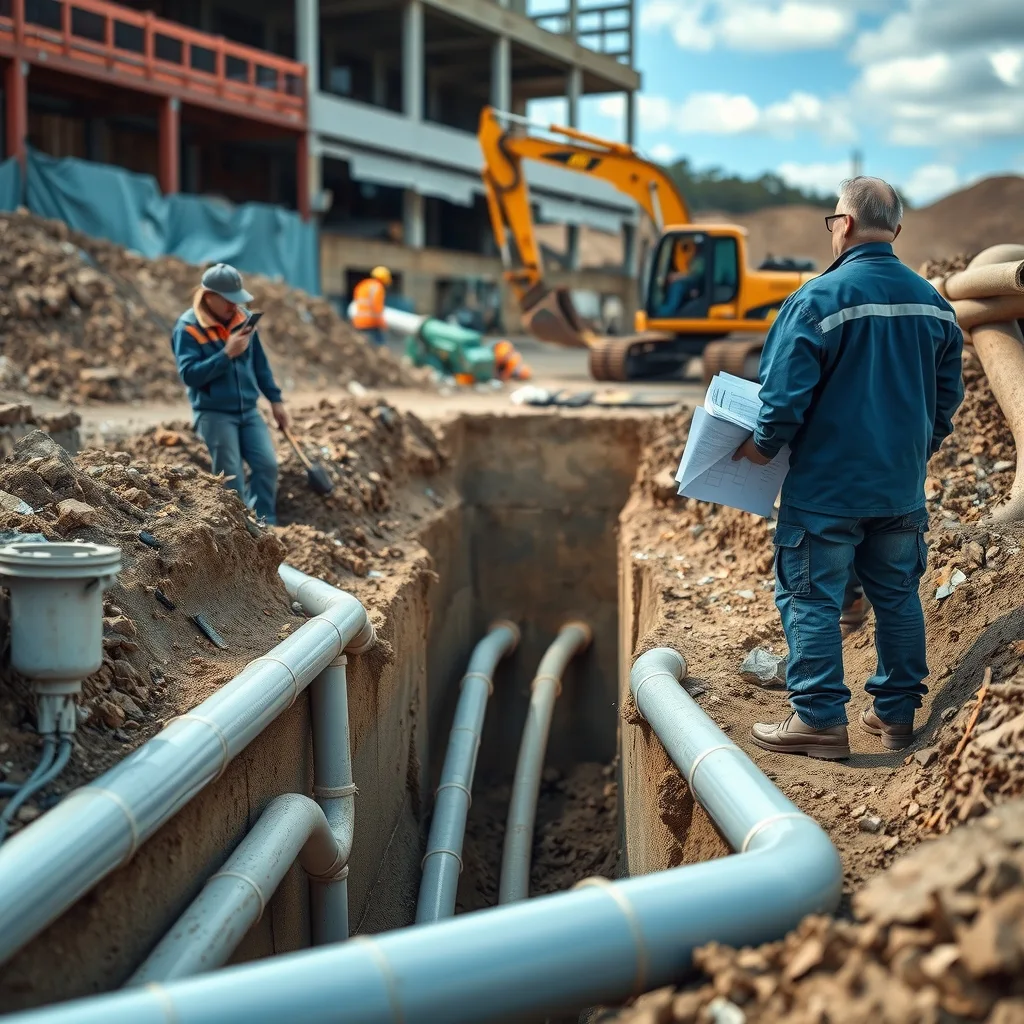 Workers checking drawings beside an open service trench with pipework laid in it