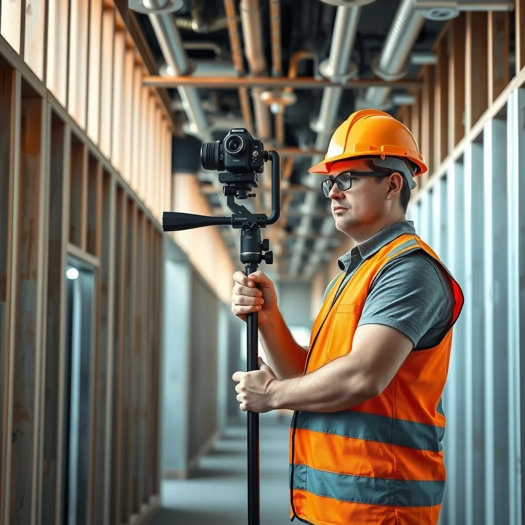 Site supervisor holding a 360-degree camera on a pole in a half-built hospital corridor