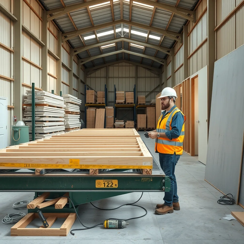 A worker fixing lining to a timber wall frame on a jig inside a prefabrication factory