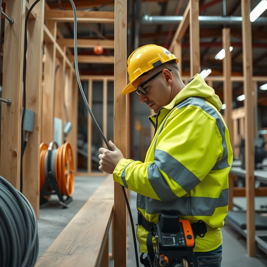 An electrician running cable through a timber wall frame on a factory production line