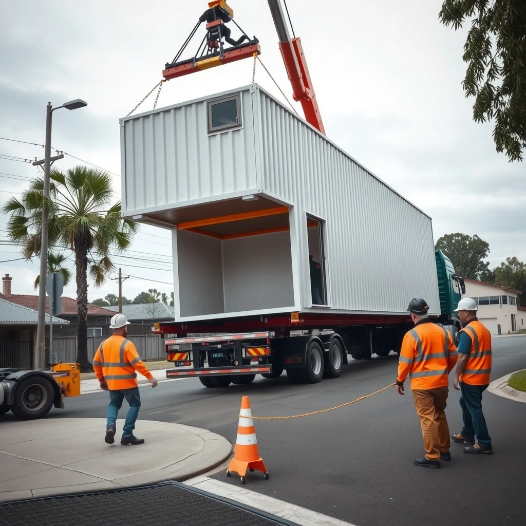 A crane lowering a prefabricated building module onto a house slab while workers in hi-vis guide it