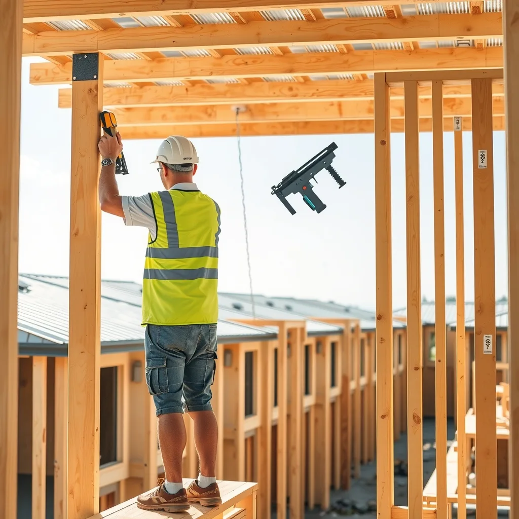 A carpenter working on repeated townhouse frames at a Queensland development