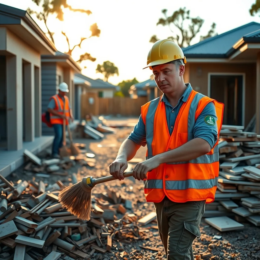 An apprentice tidying materials on a residential construction site