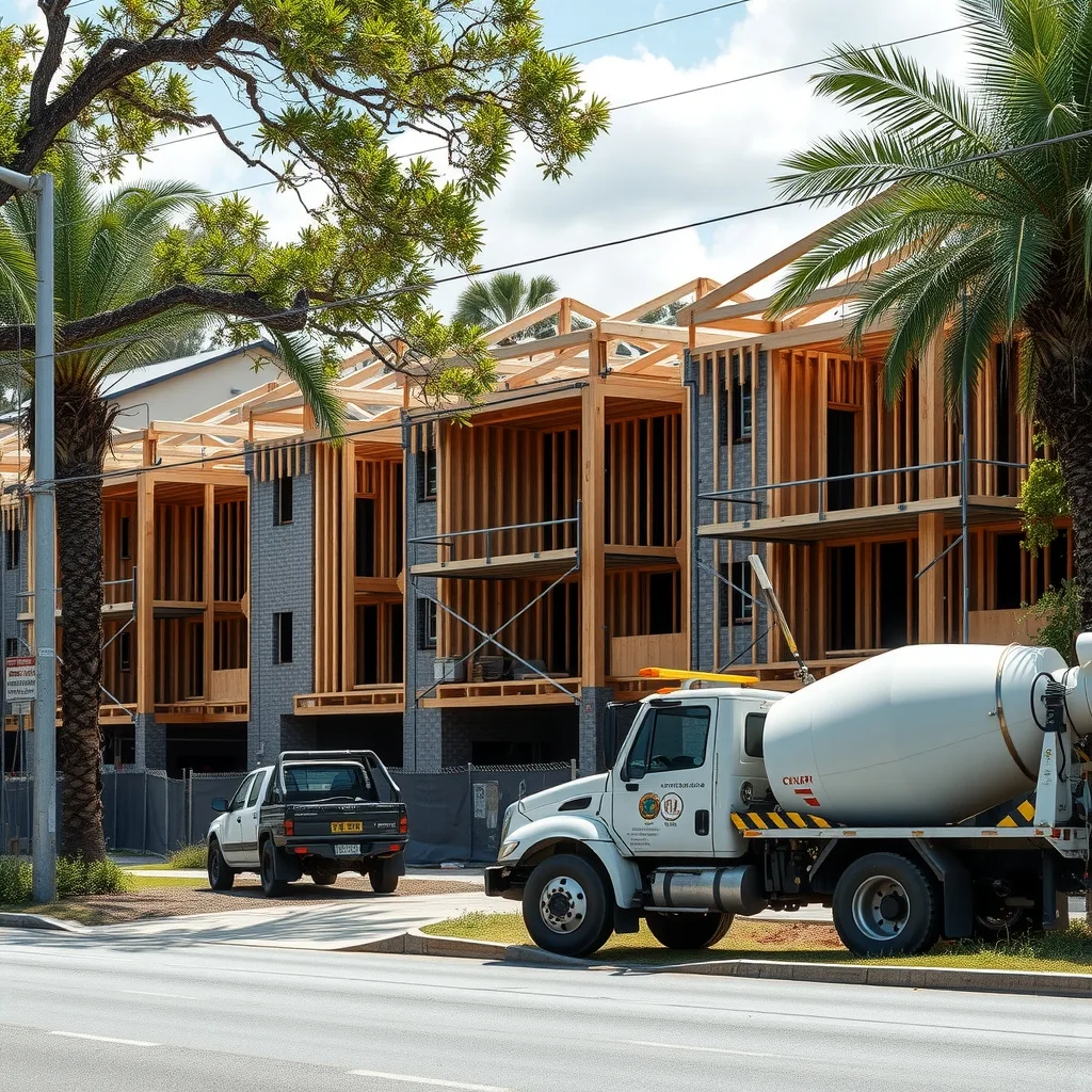A row of timber-framed townhouses under construction on a suburban Brisbane street