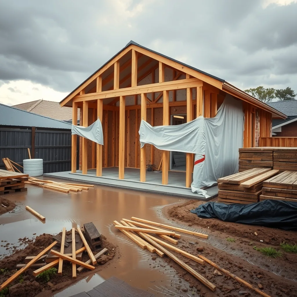 A partly built timber-framed house with no roof, standing in mud and pooled water under storm clouds