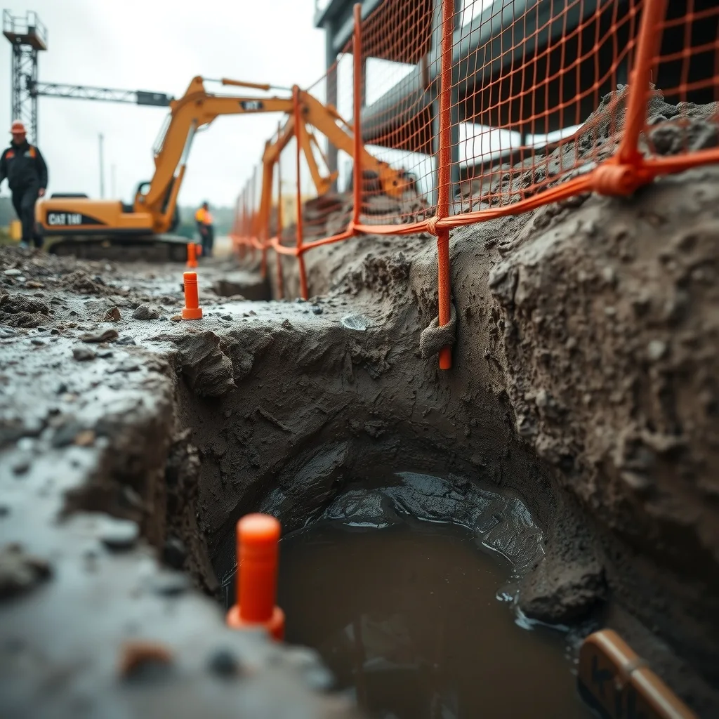A waterlogged trench with slumped wet clay walls behind orange safety mesh on an Australian building site