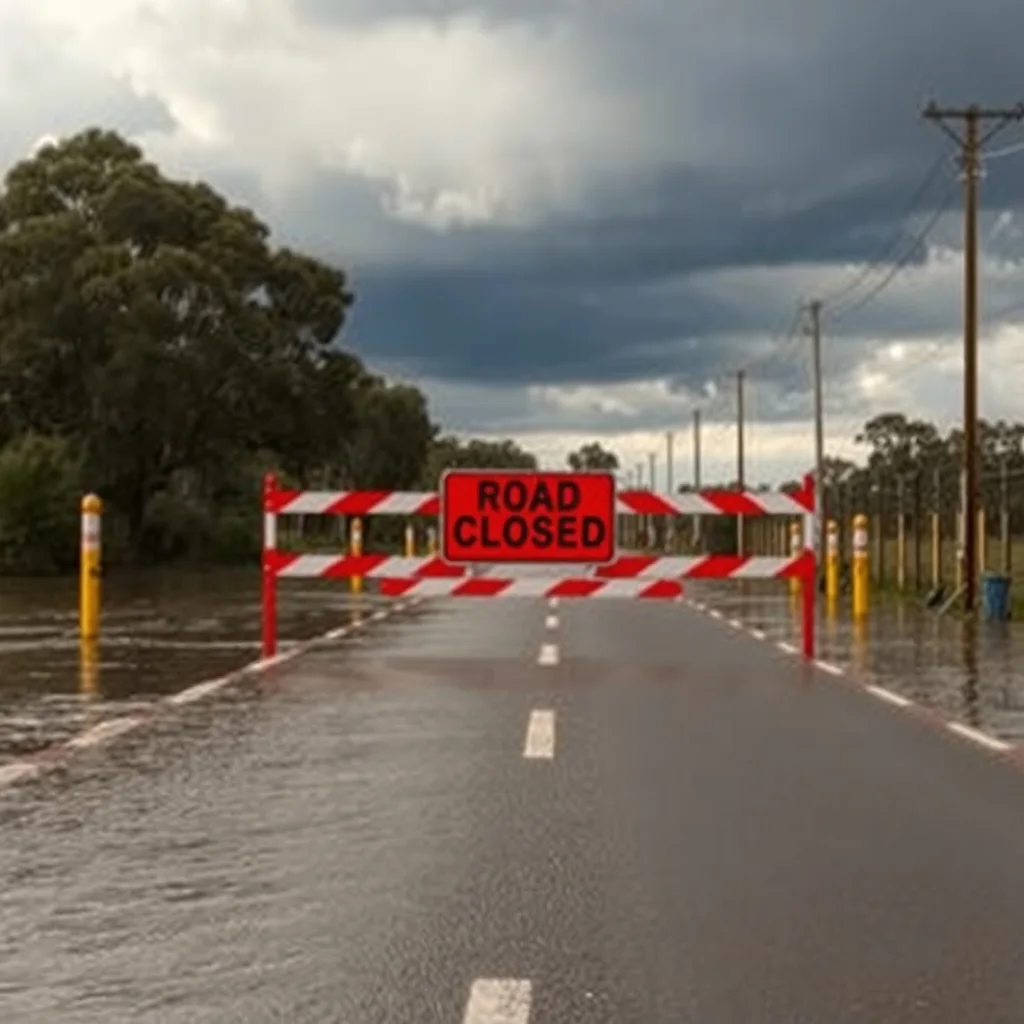 A road closed sign standing in brown floodwater across a rural Queensland road under storm clouds