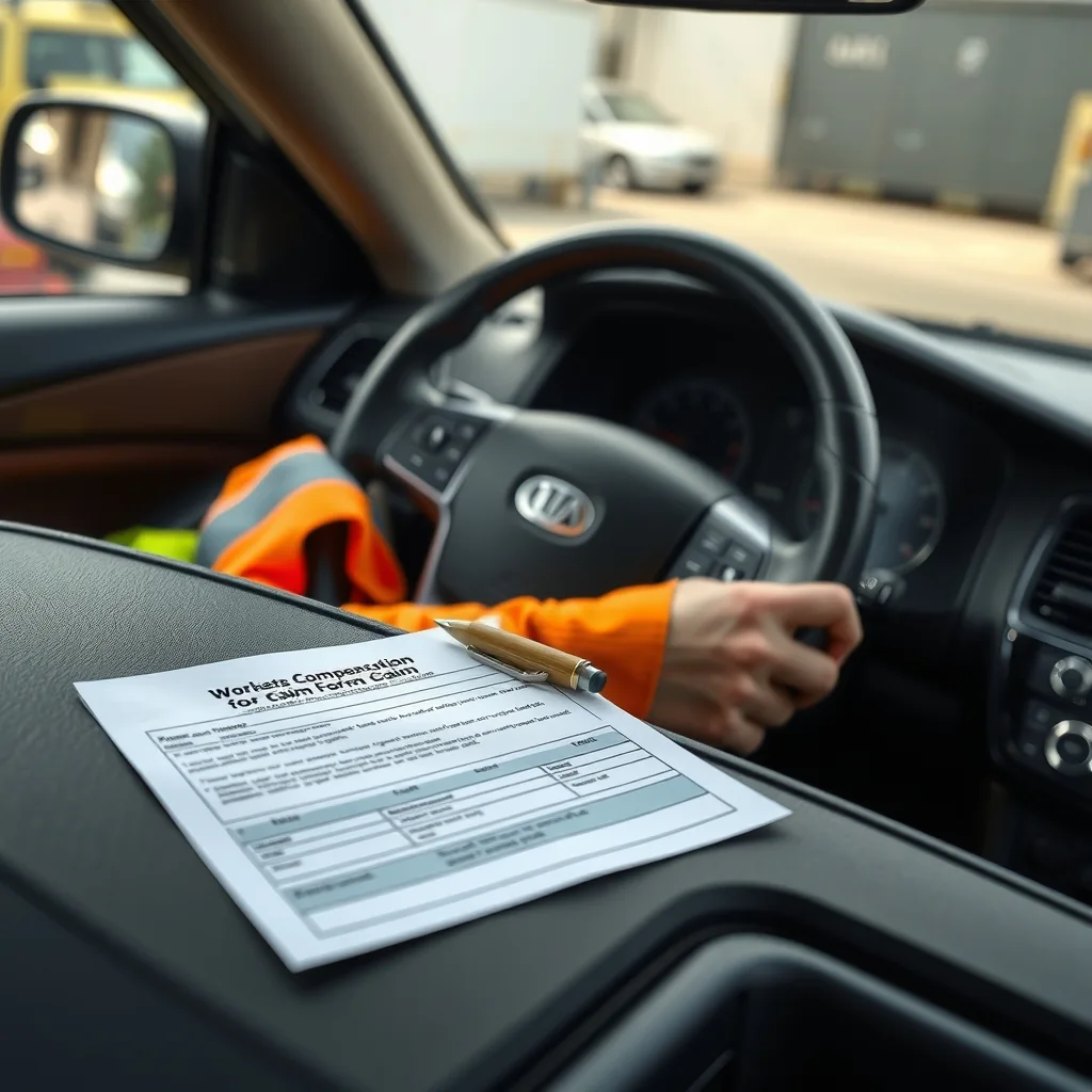 A compensation claim form and pen on the dashboard of a work ute