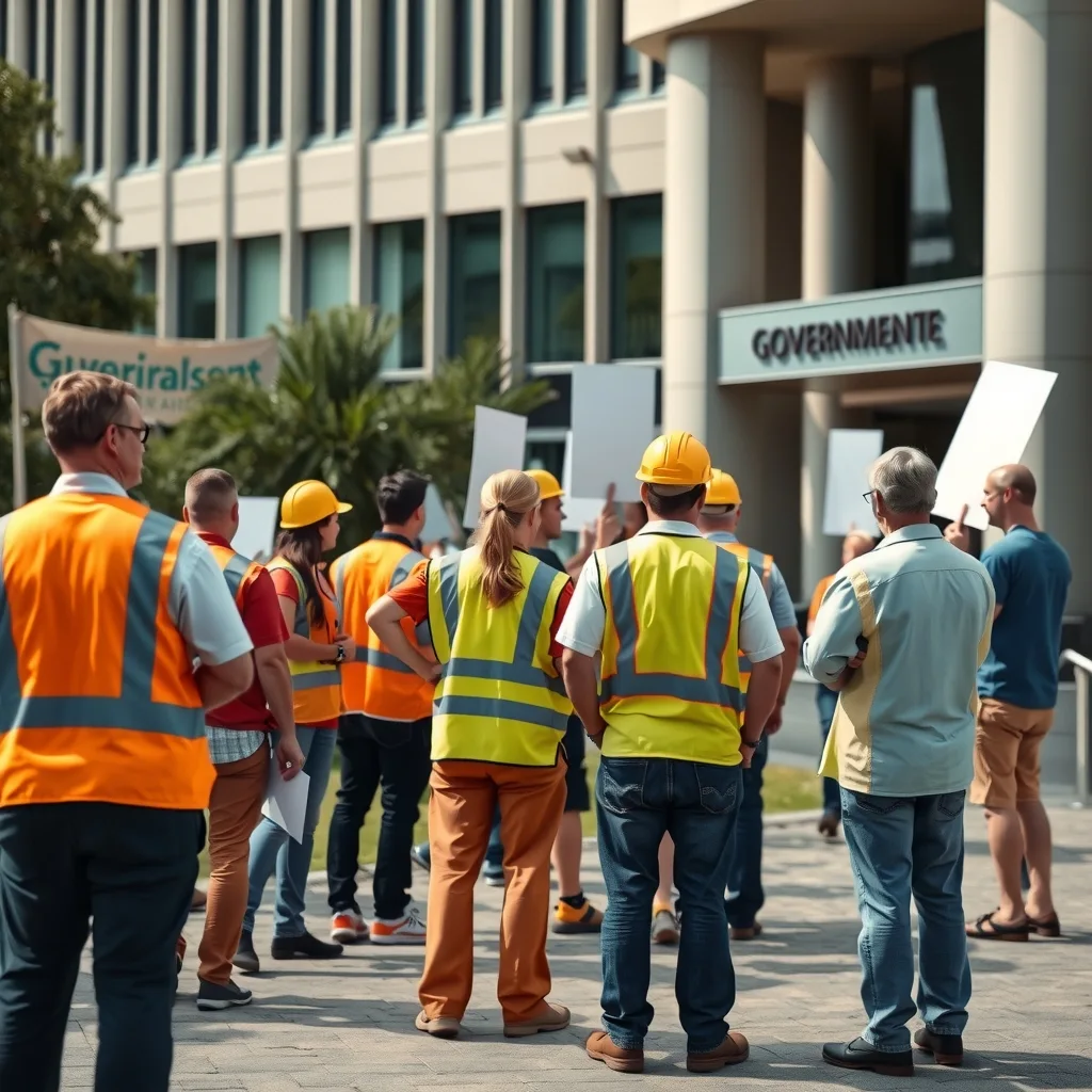 Workers gathered on a footpath outside a government building