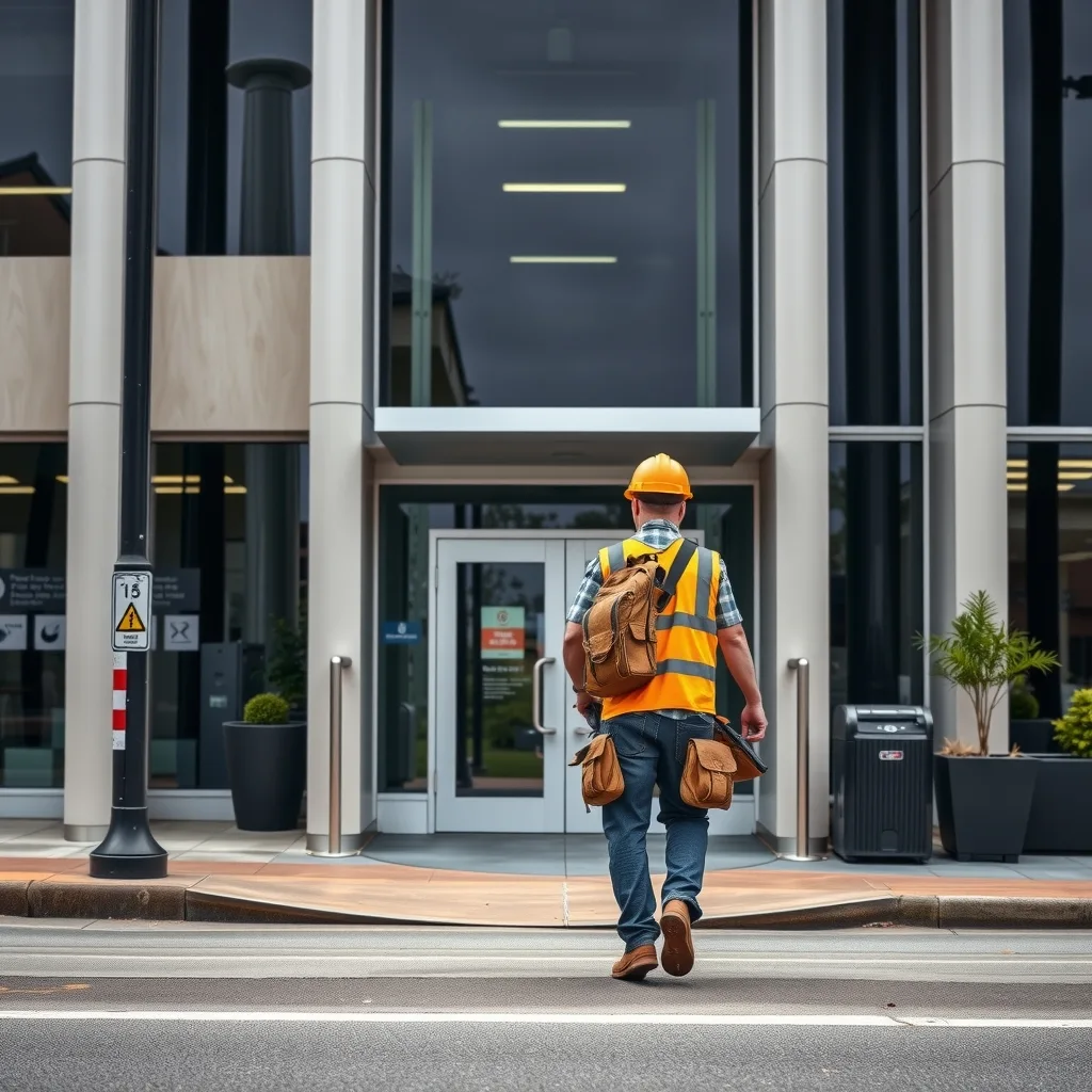 A maintenance worker in hi-vis walks toward a government office building in Brisbane