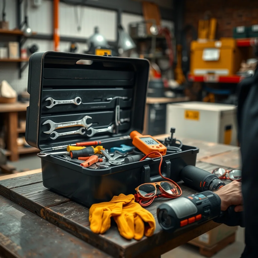 An open tool box on a workshop bench with hand tools, a multimeter and safety gear.