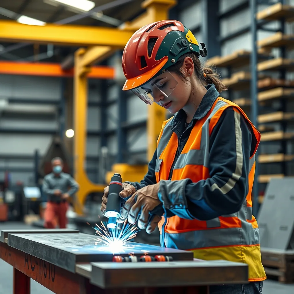 An apprentice in a welding helmet welding a steel frame at a bench in an Australian fabrication workshop.