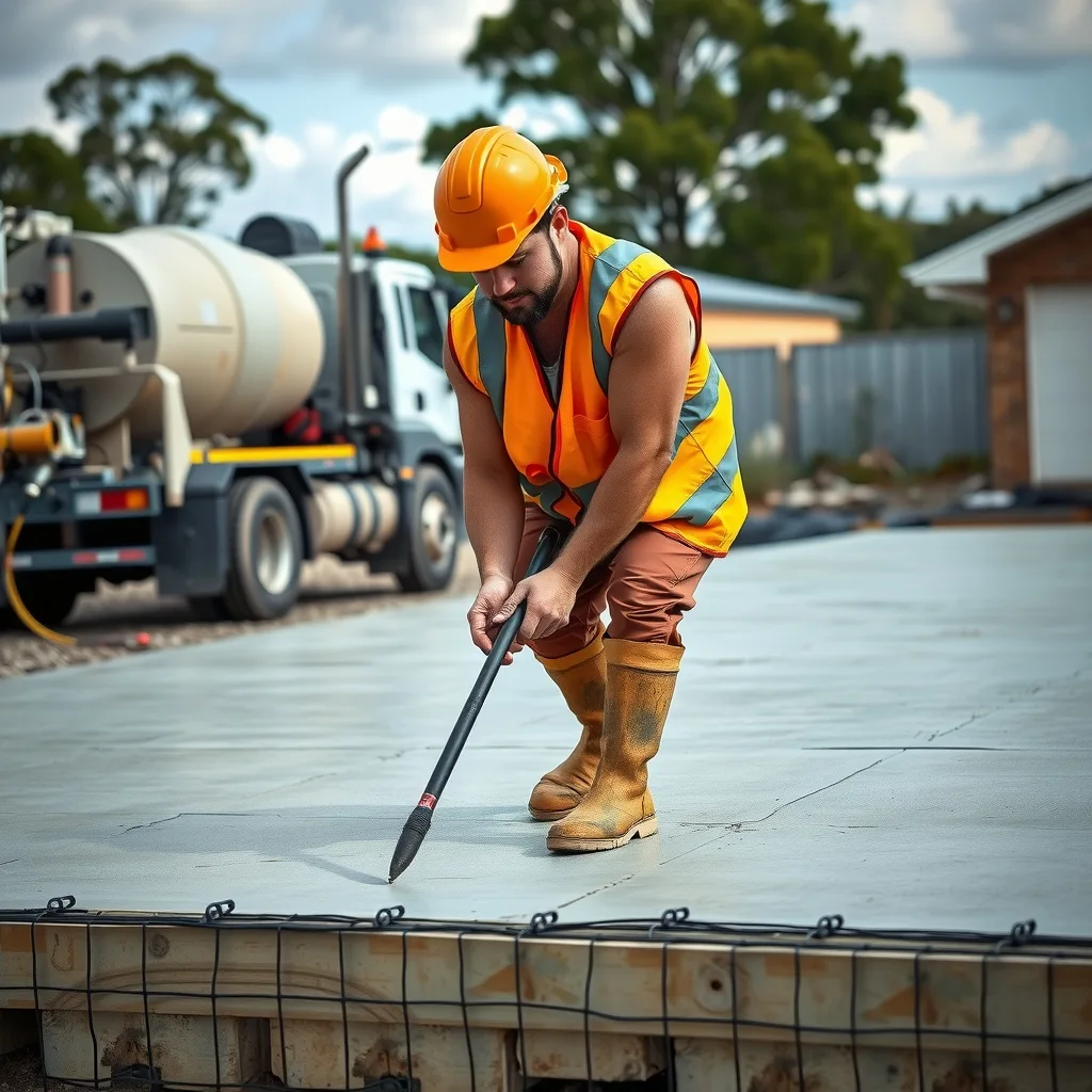 A concreter screeding a freshly poured residential slab with an agitator truck in the background