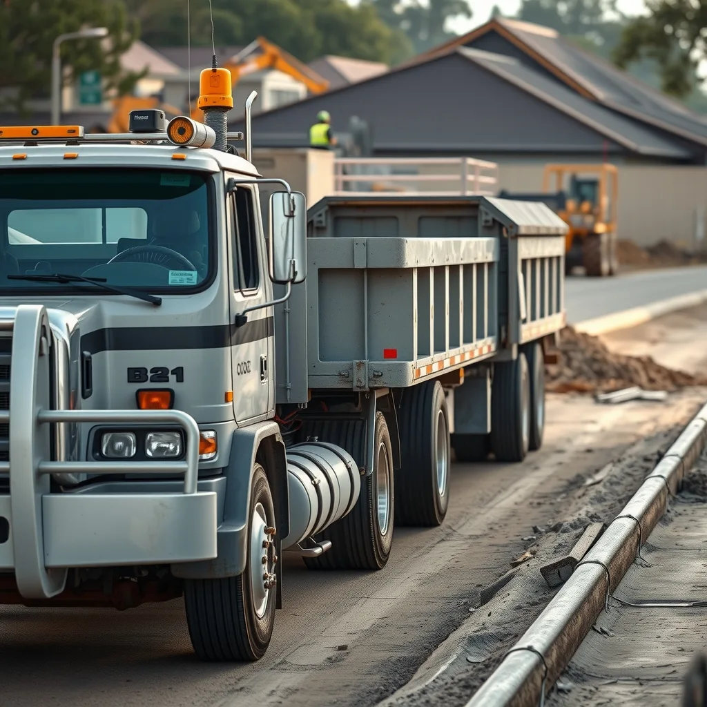 A tipper truck unloading roadbase beside kerb and channel works on a civil construction site