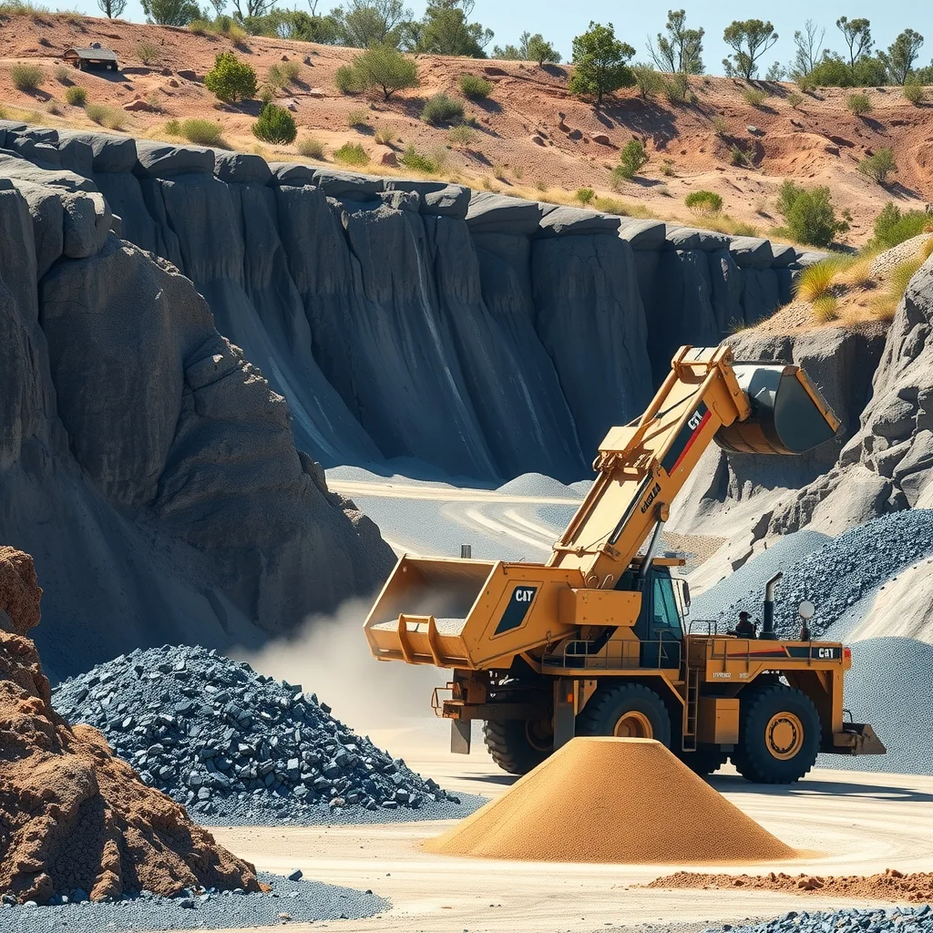 A loader filling a haul truck with crushed rock at an open quarry with stockpiles in the foreground