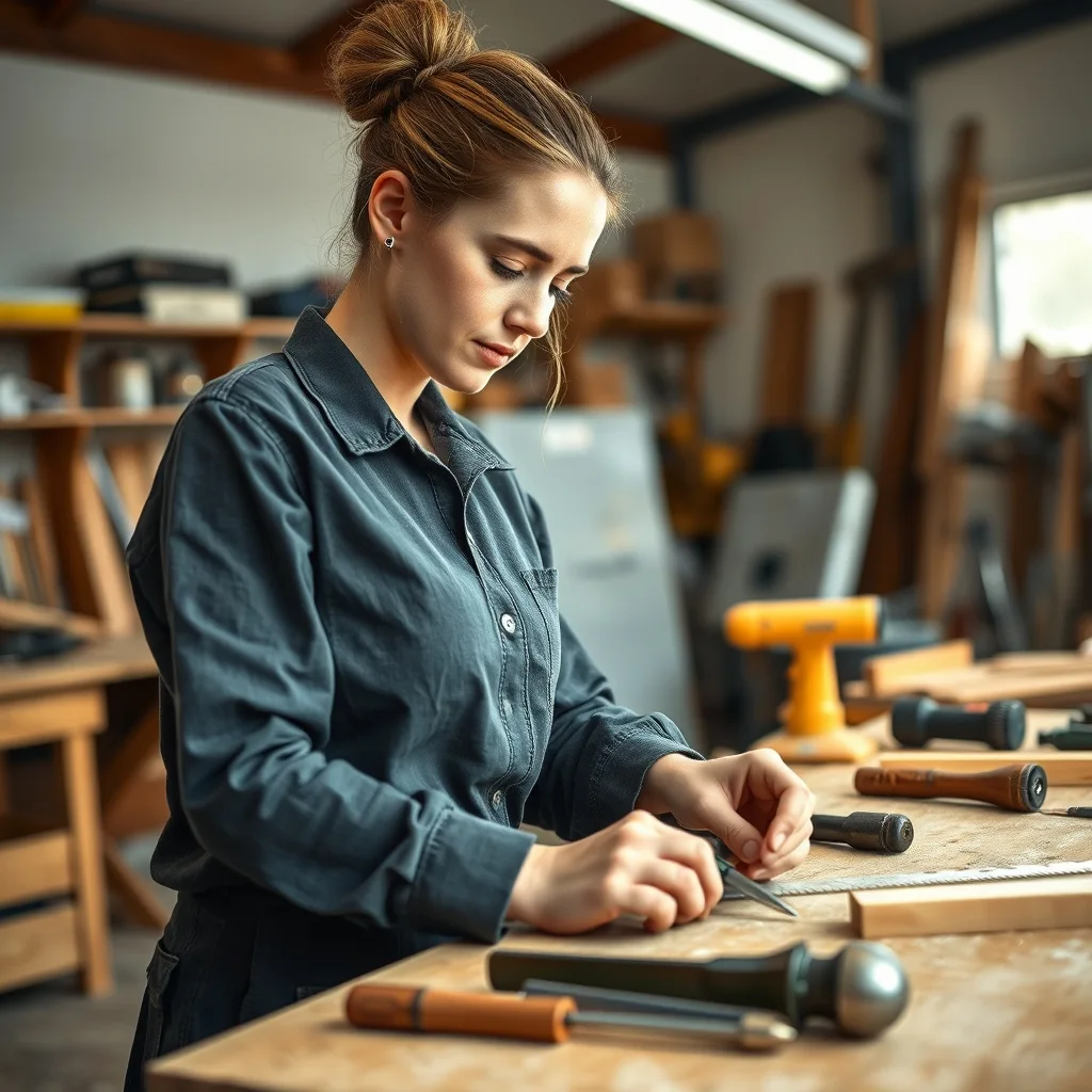 A female apprentice working at a well-lit workshop bench with tools and materials around her in a TAFE training facility.