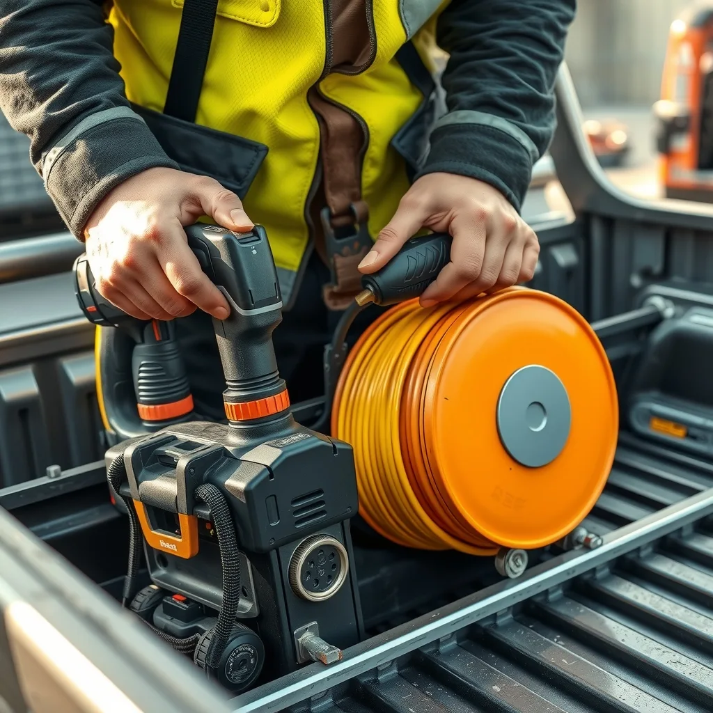 Tradesperson loading tools and a cable drum into an under-body toolbox on a ute tray