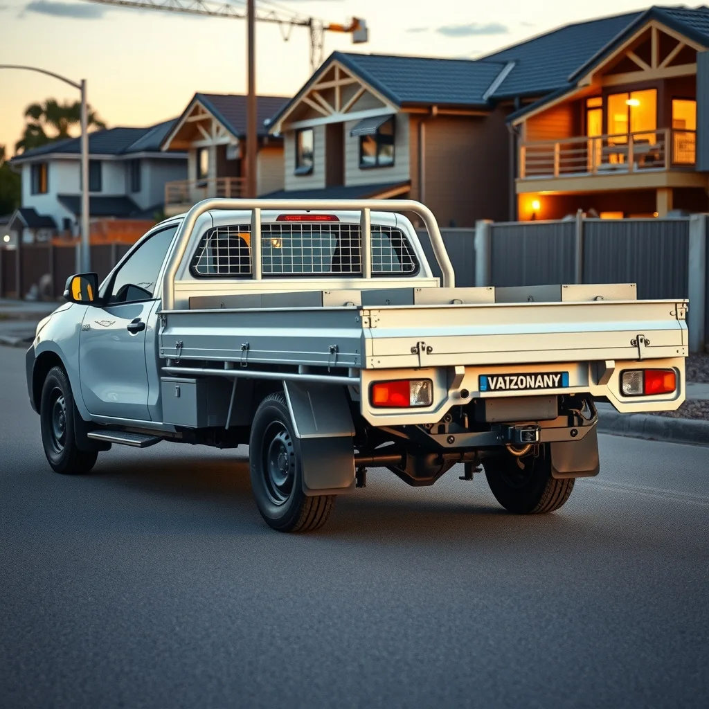 Single cab work ute with a galvanised steel tray parked at an Australian building site