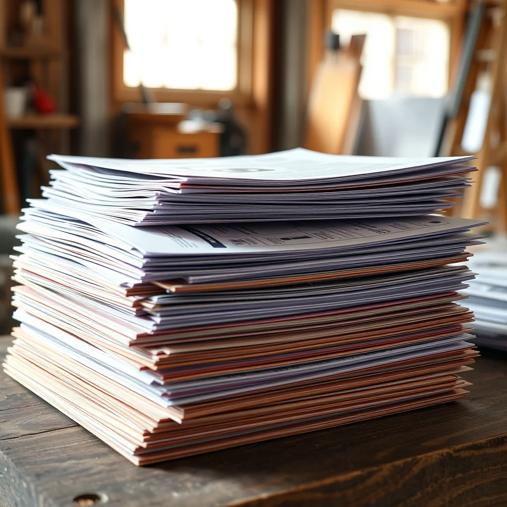 Stacks of building permits and approval documents on a construction site desk.