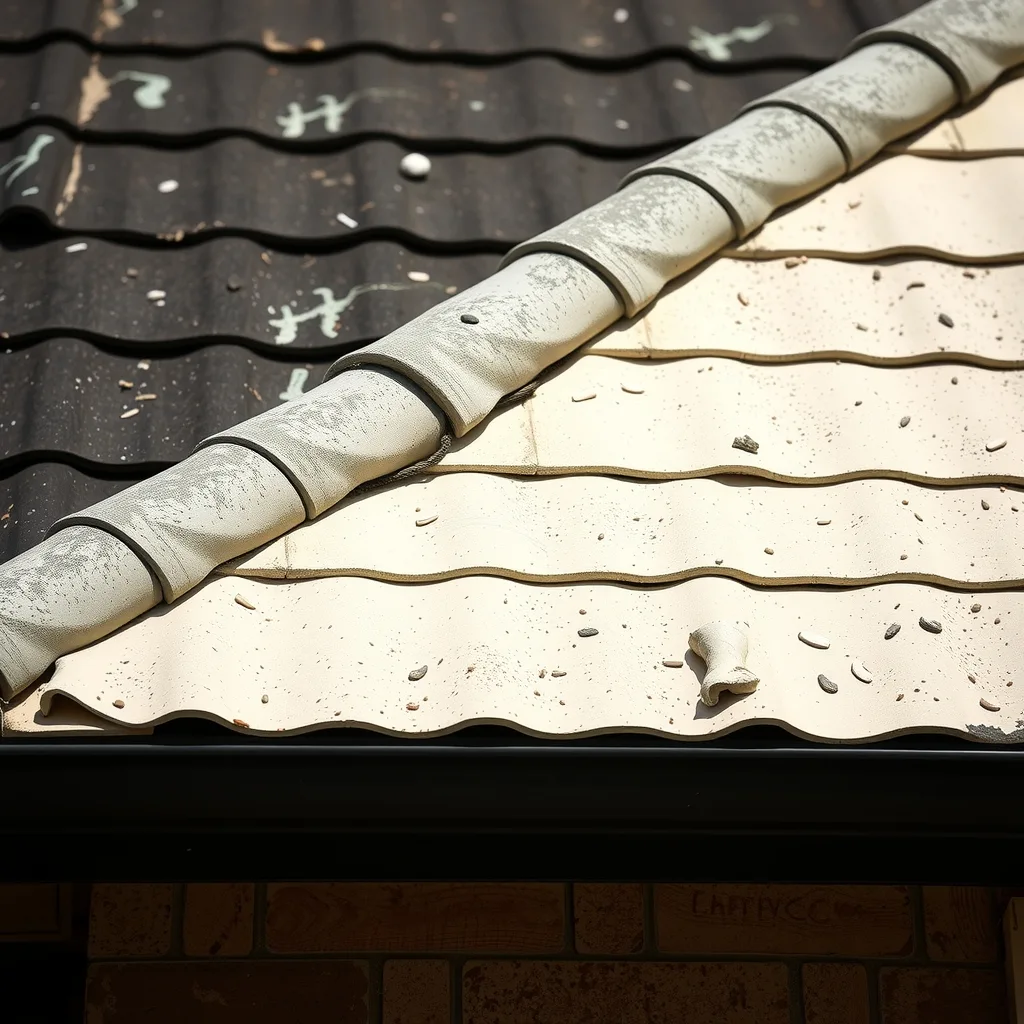 Dark cement roof tiles beside pale coated tiles on the same roof in bright sunlight.
