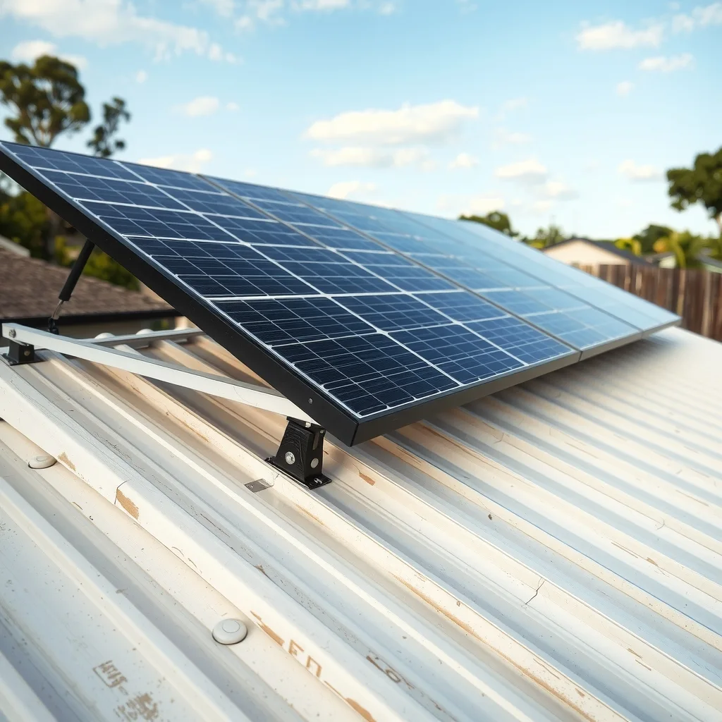Solar panels mounted on rails above a light-coloured metal house roof.