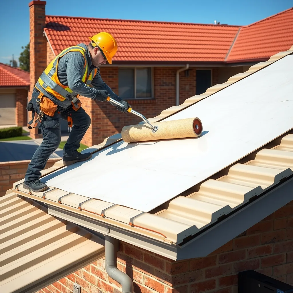 A worker in high-vis rolls a light-coloured coating onto a metal house roof under a clear blue sky.