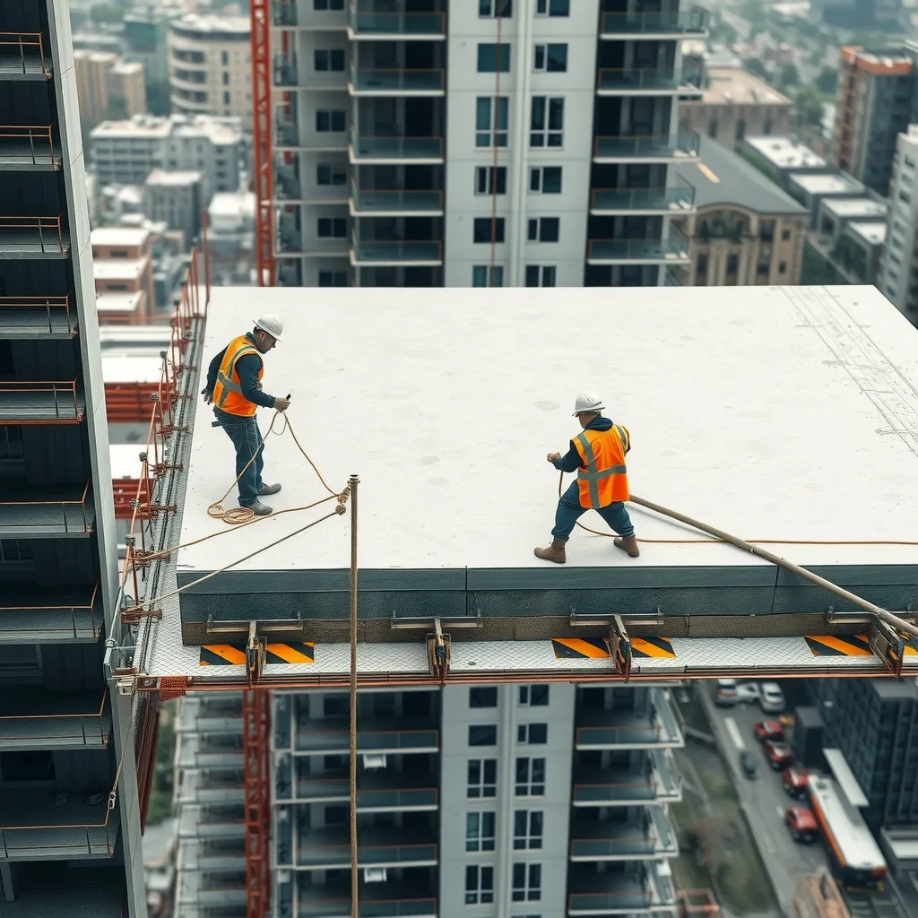 Concreters screeding a suspended slab on a high-rise apartment tower