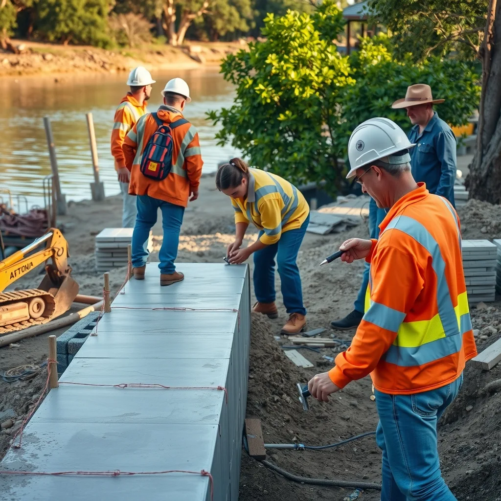 Workers forming a concrete foreshore path beside a river