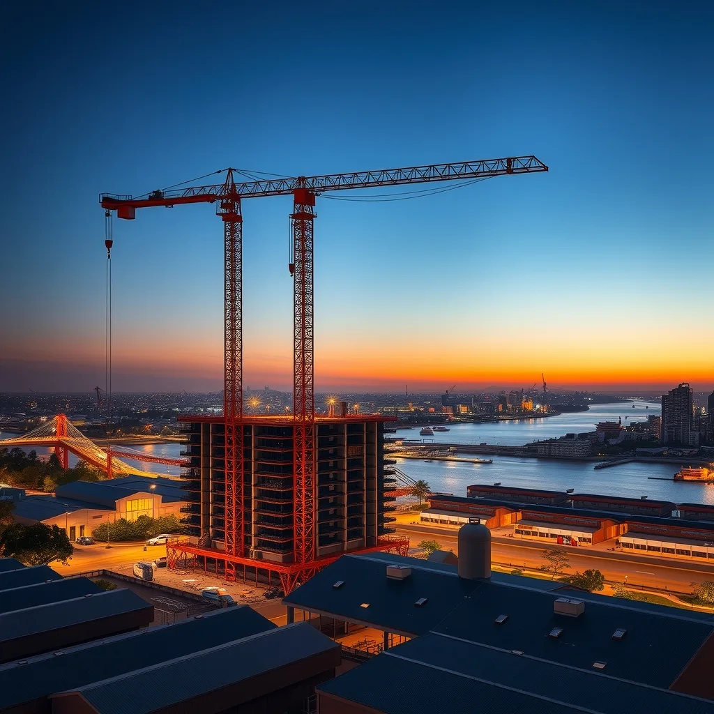 Tower crane over a part-built high-rise on an urban waterfront at dusk