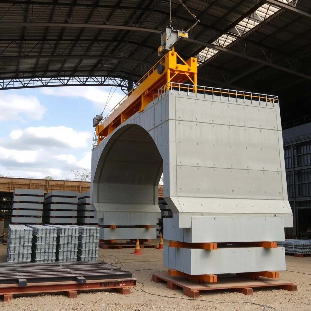 Overhead gantry crane lifting a precast concrete bridge segment inside a large casting shed.