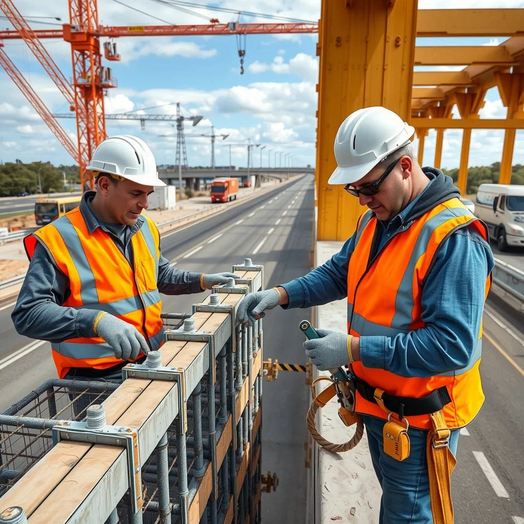 Workers fixing reinforcement and formwork on a concrete bridge deck above a highway.