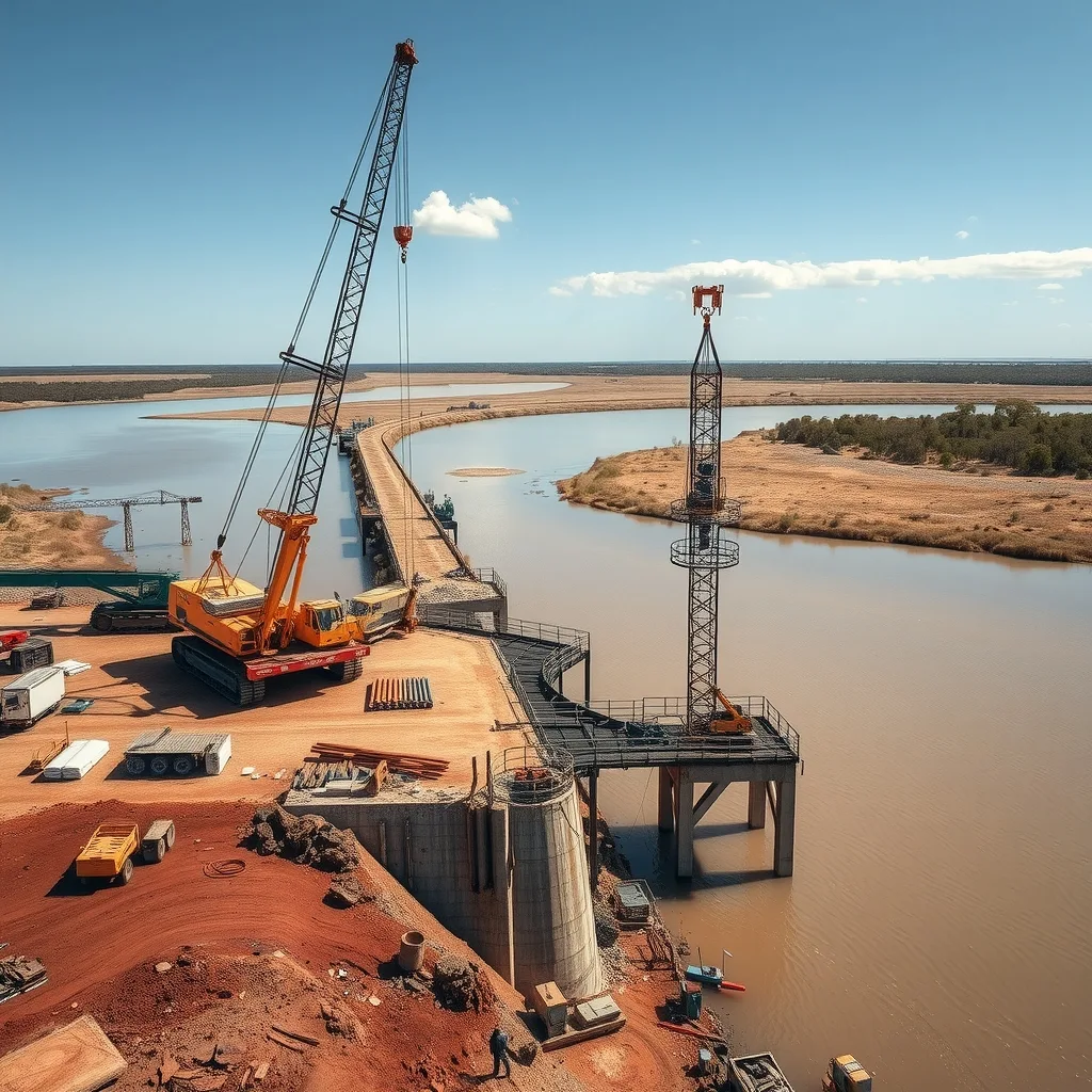 Piling rig and crane on a riverbank beside a temporary work platform extending across a wide river at a bridge construction site.