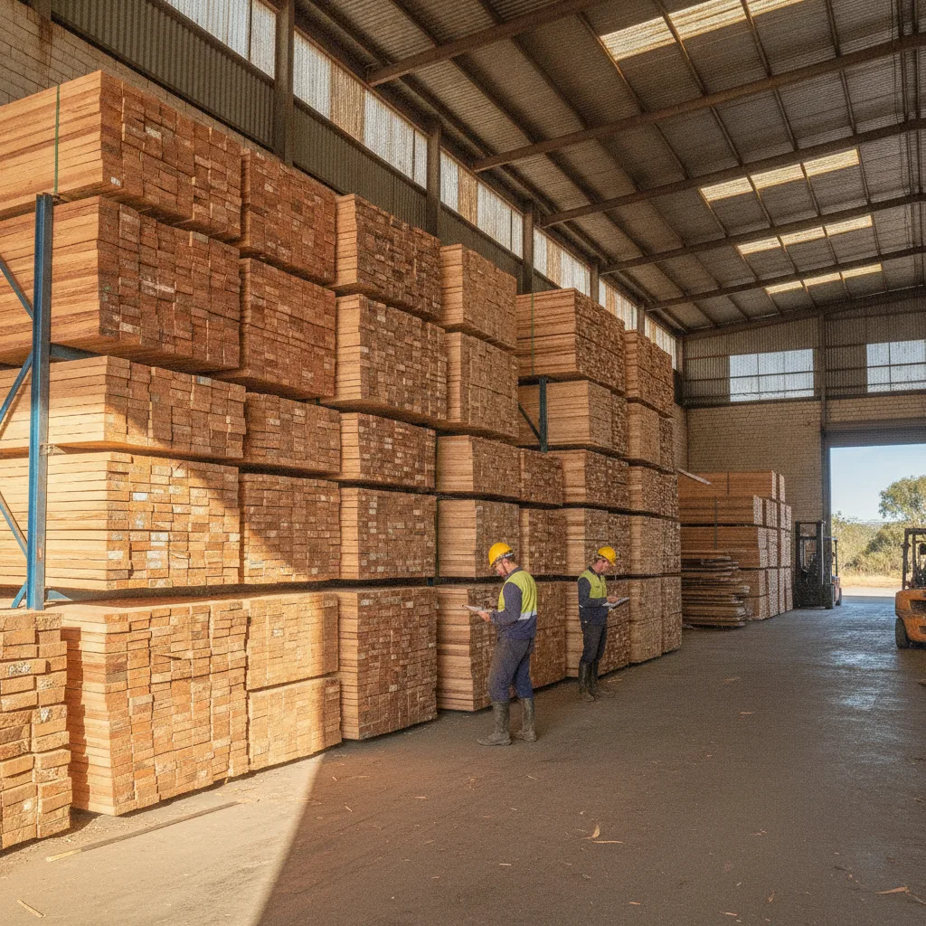 Stacks of timber logs and lumber in an industrial warehouse, showing supply chain storage and building materials.
