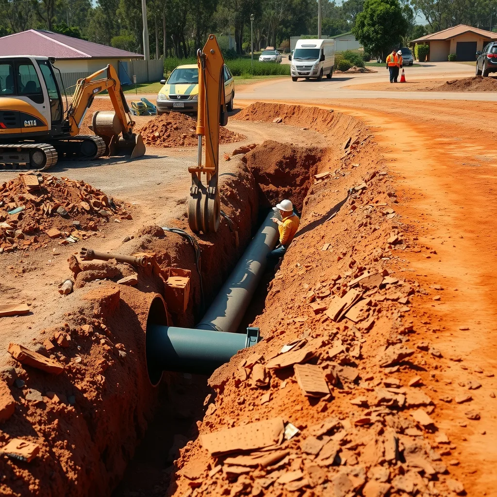 An excavator laying stormwater pipe during civil works on a new residential land division