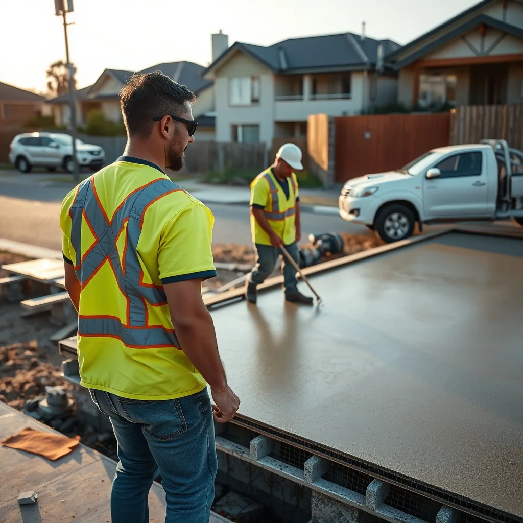 Concreters screeding a freshly poured house slab on a suburban block