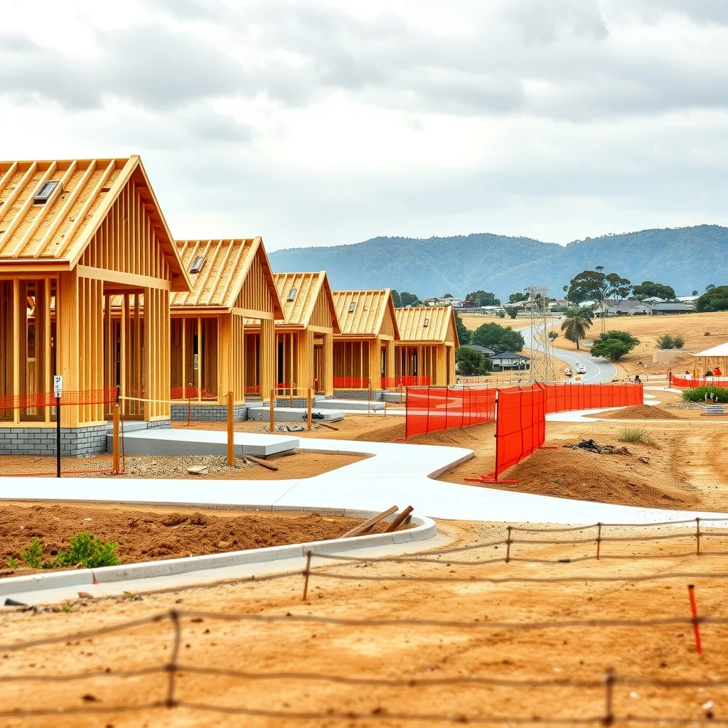 Timber-framed houses under construction on vacant lots in a new outer-suburban housing estate
