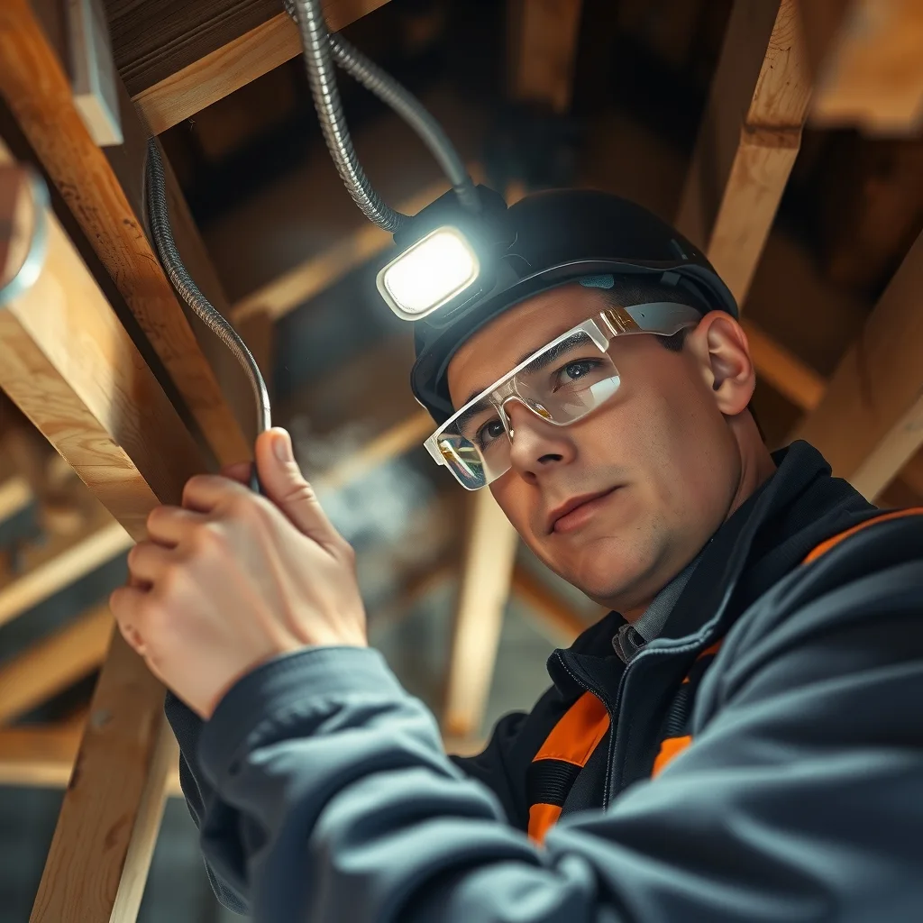 Tradesperson wearing clear safety glasses working in a dark roof cavity with a head torch