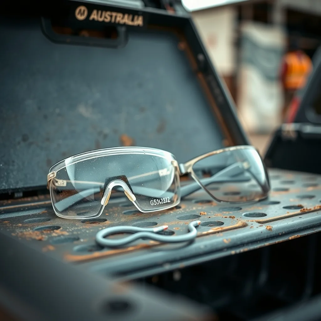 Two pairs of scratched safety glasses, one clear and one tinted, on a ute toolbox