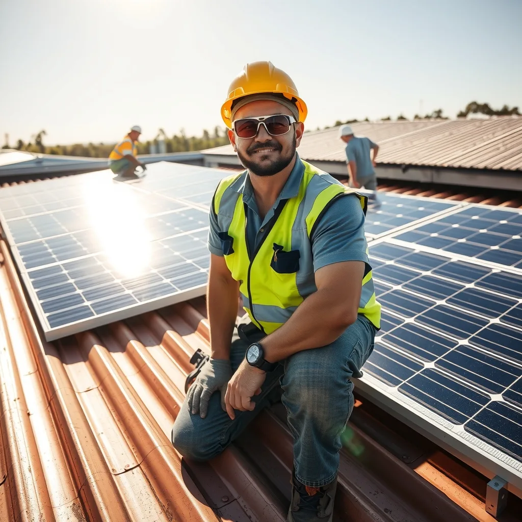 Worker in high-vis and tinted safety glasses on a sunlit metal roof next to solar panels
