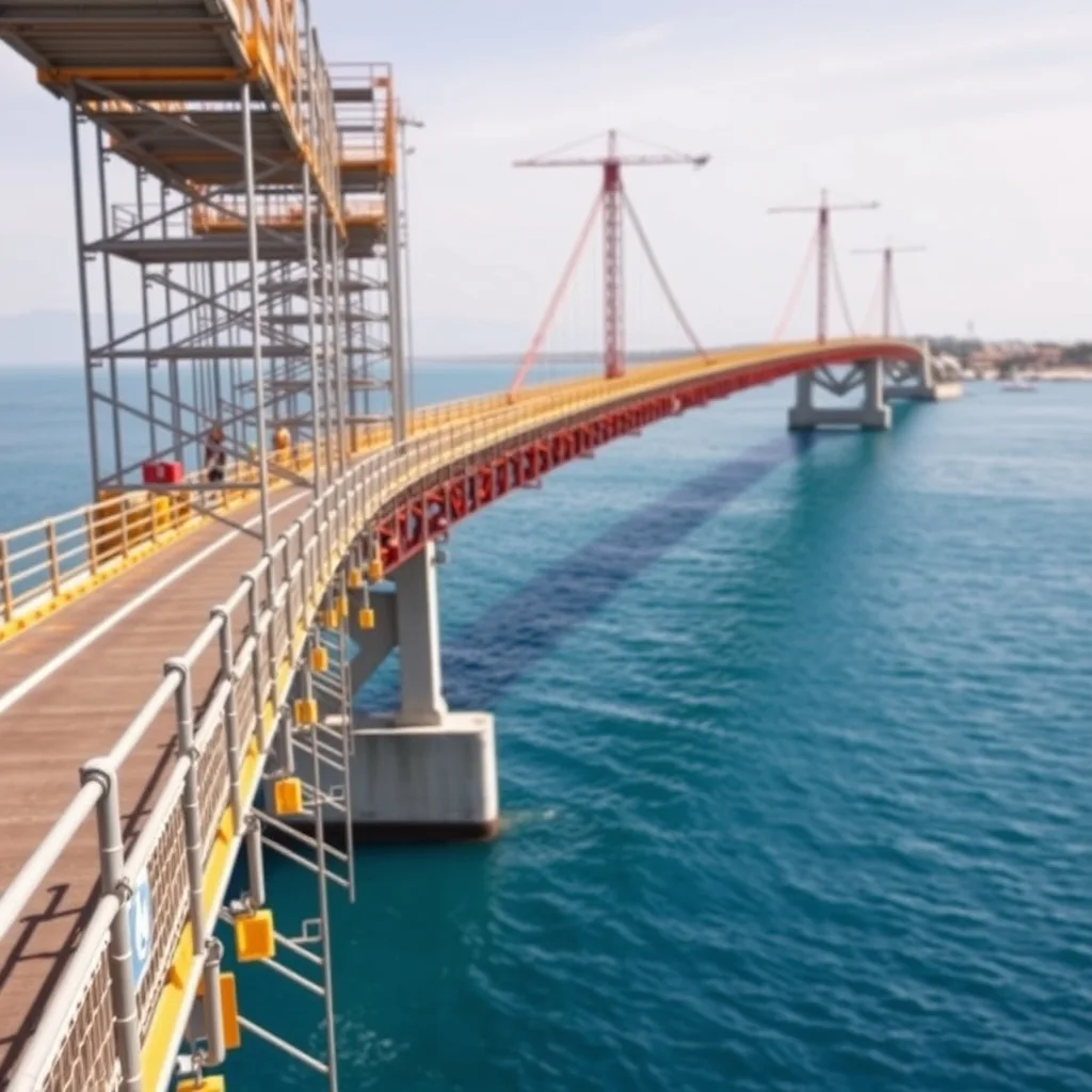 The San Remo Bridge spanning blue water with construction scaffolding and safety barriers during daytime rehabilitation work.