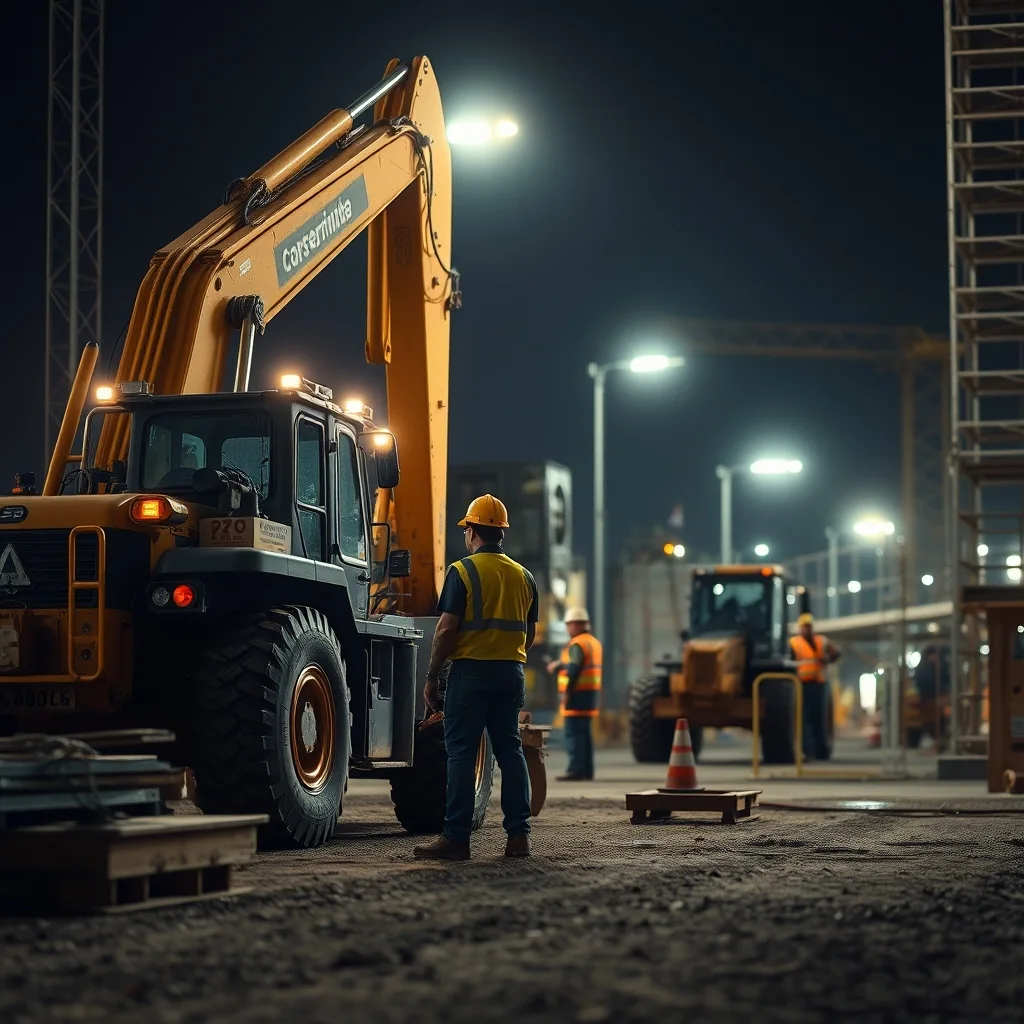 Heavy machinery and scaffolding illuminated at a freeway interchange construction site during night works.