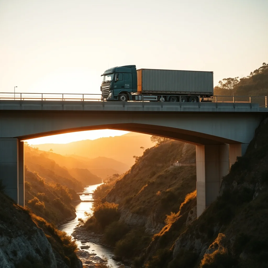 A heavy freight truck crossing a modern concrete bridge spanning a river valley in regional New South Wales.