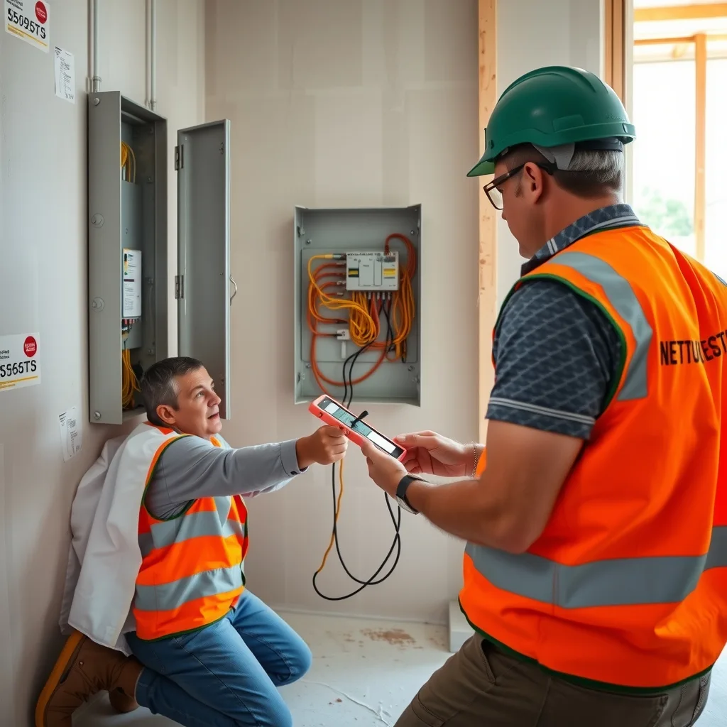 Electrician working at an open switchboard inside an unfinished new house