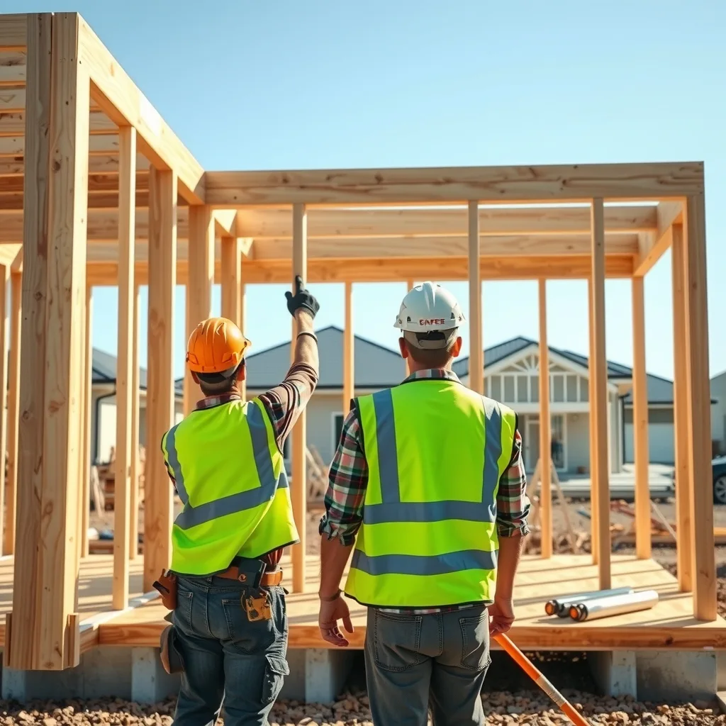 Carpenters standing timber wall frames on a house slab in a new Australian housing estate