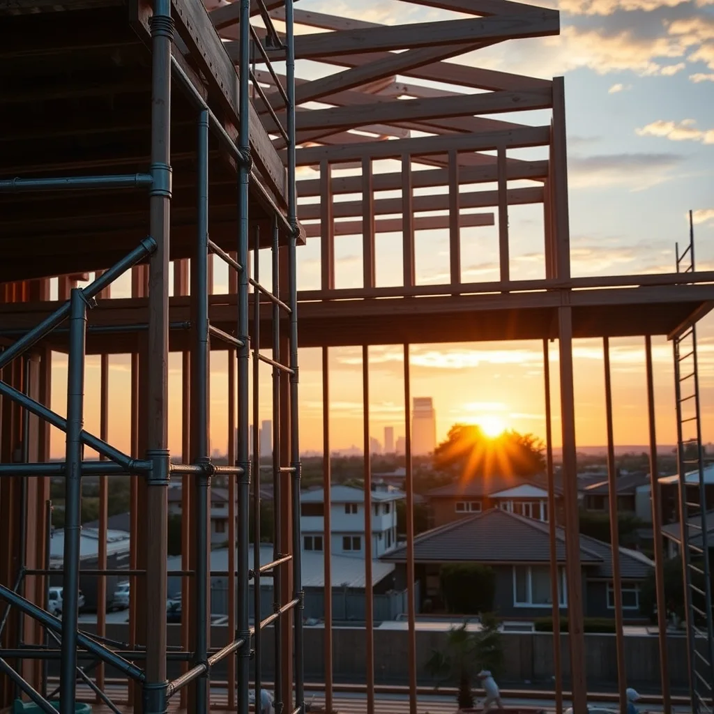 Construction site with timber framing and scaffolding against an Australian suburban skyline at golden hour.