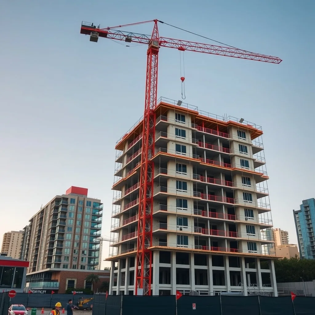 Tower crane over an early-stage mid-rise apartment construction site in an Australian city.