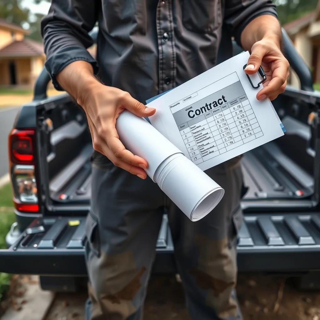 A builder holding rolled house plans and a contract schedule beside a ute on a suburban building block.