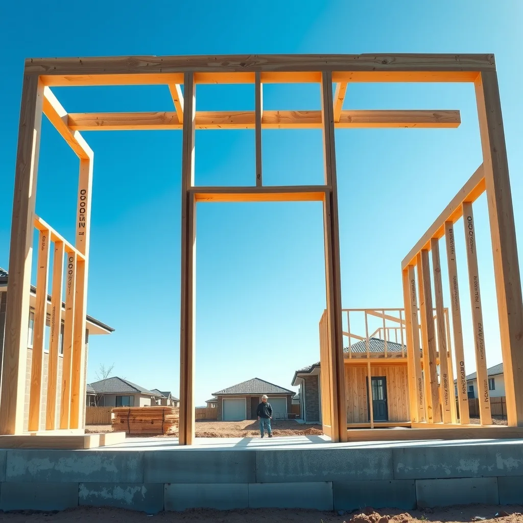Timber-framed house under construction on a concrete slab in a new Australian housing estate, with an empty slab on the neighbouring block.